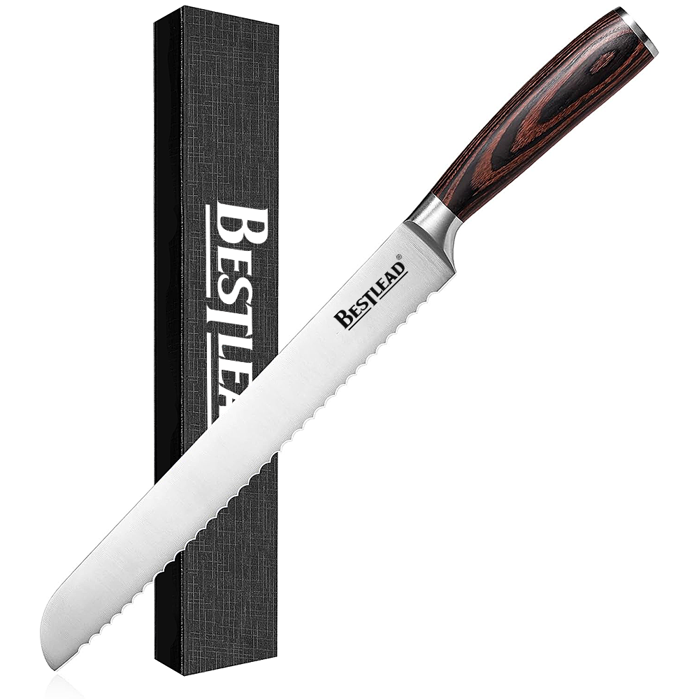YTB-28 High carbon stainless steel bread knife with ergonomic wooden handle, beautiful gift box for home or restaurant use