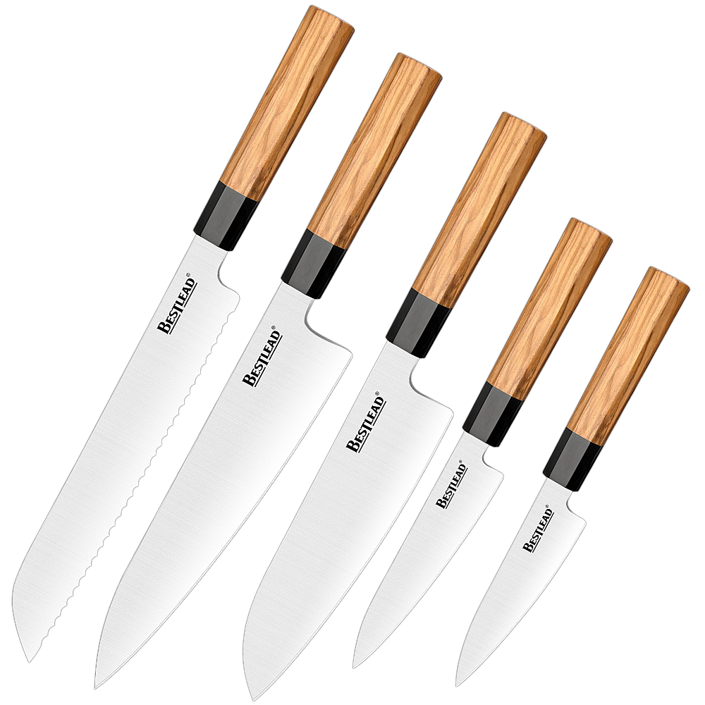 BJB-28 Hand-Forged Steel Professional Chef’s Knife Set, Ultra Sharp, Olive Wood Octagonal Handle, Gift Boxed