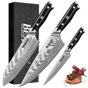 HB-37 Damascus Knife Set 3 Piece, Food Safe Japanese Kitchen Knife Set with VG10 Steel Core, Ultra Sharp Professional Chef's Knife Set with Full G10 Handle, Gift Box