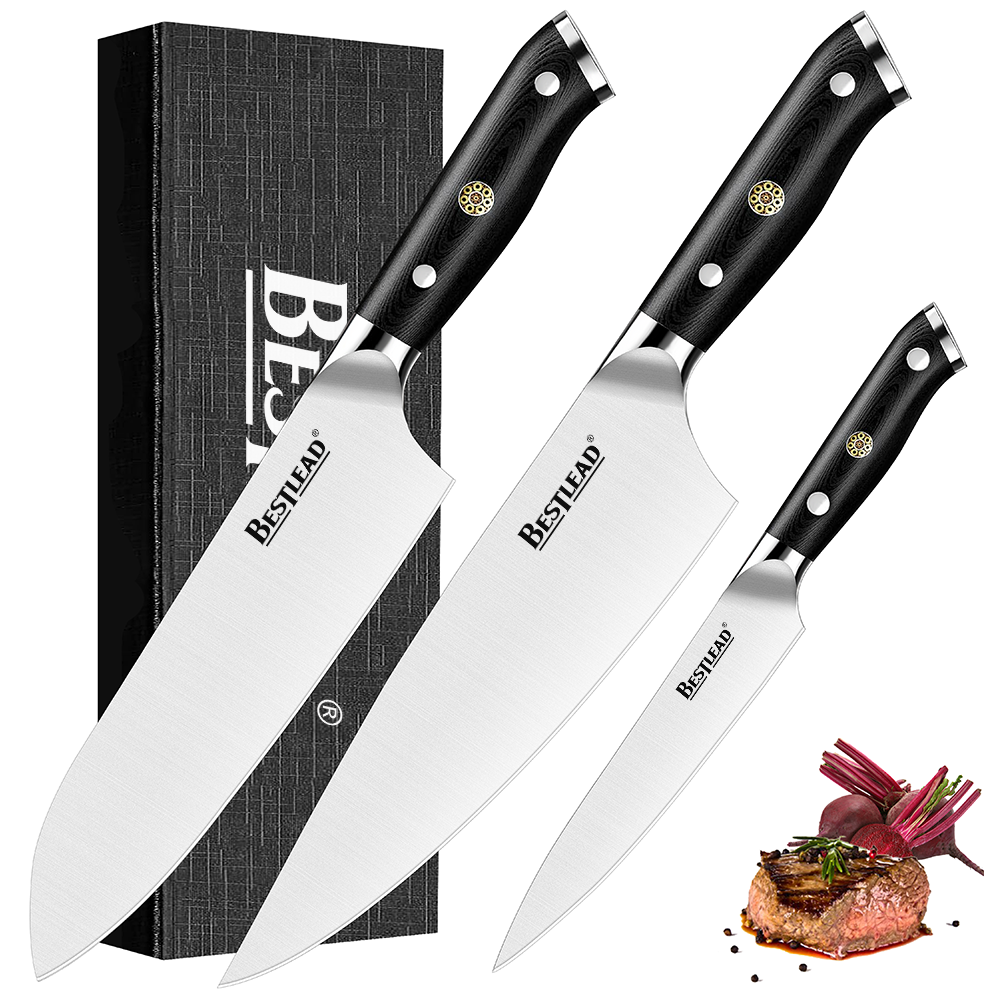 HB-38 Sanding Pattern Knife Set 3 Piece,Food Safe Japanese Kitchen Knife Set with German 1.4116 Steel Core,Ultra Sharp Professional Chef’s Knife Set and Full G10 Handle,Gift Box