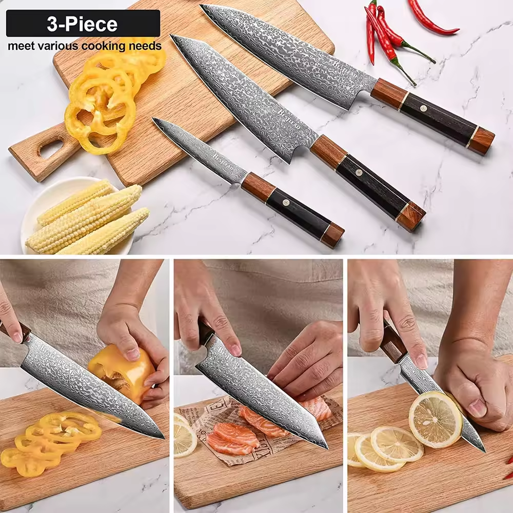 BJB-27 Kitchen Knife Set 3 Piece Japanese Knife Set Professional Cooking Knife Set Full Shank Mahogany Handle Elegant Gift Box - Damascus kitchen knife - 1