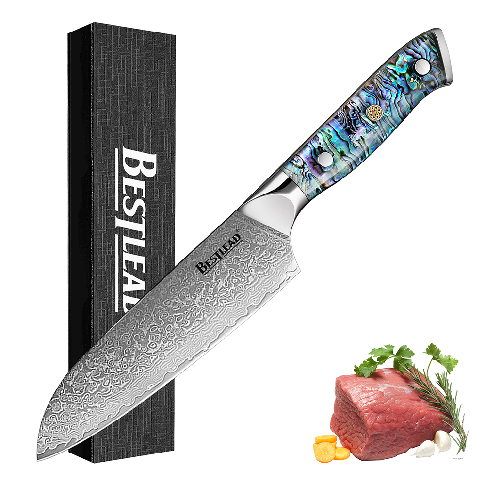 HB-47 BESTLEAD® Damascus Steel Santoku Knife with Deep Sea Abalone Shell Handle – 67 Layer Japanese VG10 Forged Steel Blade with Chamfered Handle
