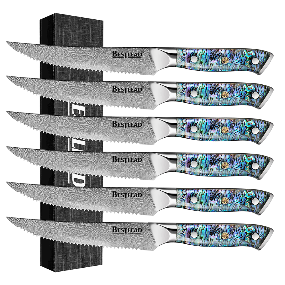 HB-51  6PCS Steak Knife with Deep Sea Abalone Shell Handle – 67 Layer Japanese VG10 Forged Steel Blade with Chamfered Handle