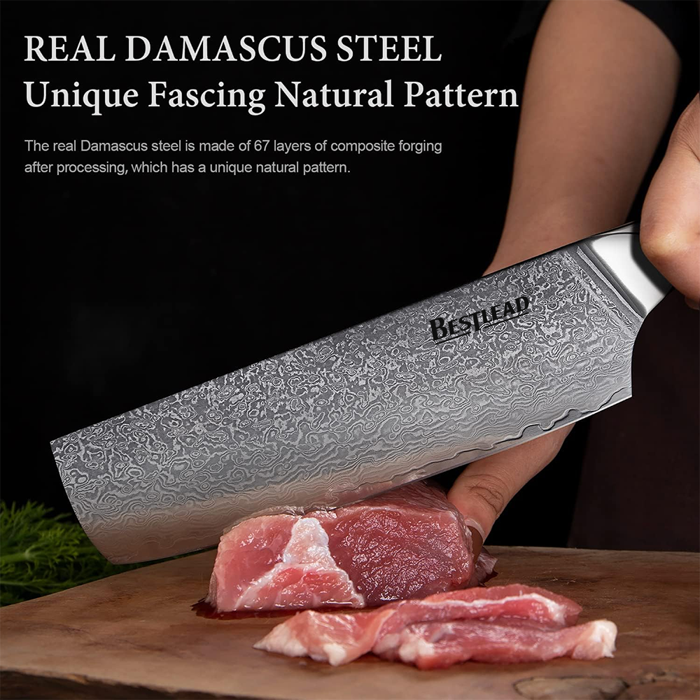 HB-48 BESTLEAD® Damascus Abalone Shell Handle Nakiri knife - 67 layers of Japanese VG10 steel, genuine deep sea abalone shell handle - Damascus kitchen knife - 1