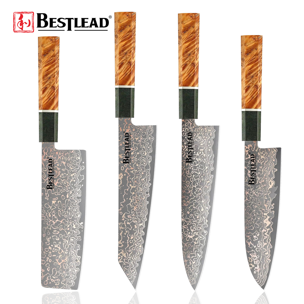 BJB-45-Custom Logo Damascus Steel Knives Set High Carbon Core Tricolour Copper 67Layer Chef Knife