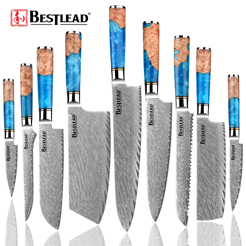 YTB-22-Damascus Pattern Knife Set - Blue Resin Handle Chef Knives with Fish Scale Design