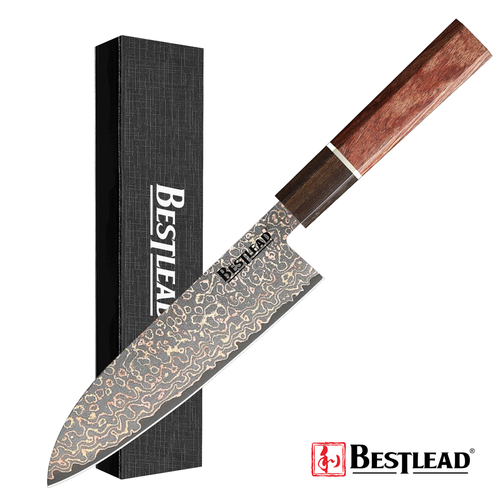 BJB-44 -7Inch Tri-Colored Damascus Steel Santoku Knife – Japanese Kitchen Knife for Culinary Use.