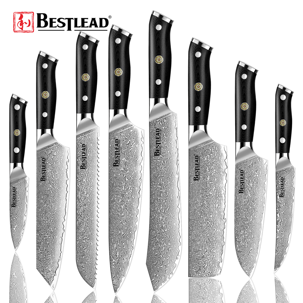 HB-9--8 Piece Damascus Knife Set VG-10 Core Steel with G10 Handle Custom Luxury Kitchen Knives