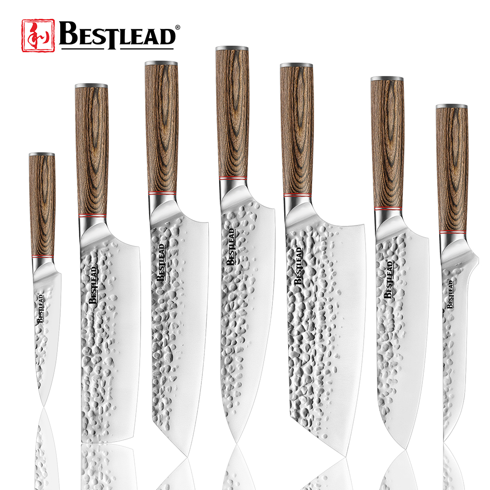 Forged Hammered Chef Knife Set with Wooden Handle for Kitchen