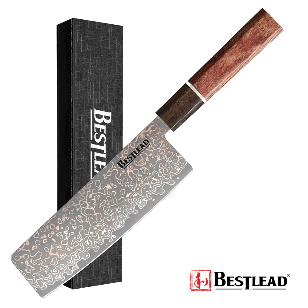 BJB-46, 7-Inch VG10 Japanese Nakiri Knife – 67 Layers Tricolour Copper Damascus Steel